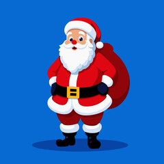 This illustration depicts Santa Claus smiling, carrying a small sack on his back. He is dressed in his classic red and white costume, against a blue background that creates a wintery atmosphere.