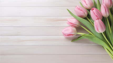 Light Wooden Background with Gentle Pink Tulips and Empty Space for Text, Ideal for Valentine's Day, Weddings, and Birthdays, Creating a Charming Atmosphere