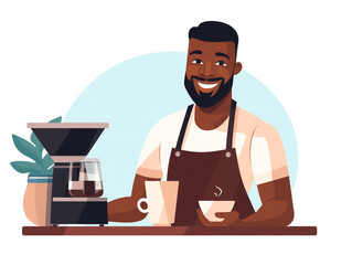2D cartoon style illustration of a barista working to brew coffee.