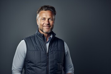 Fototapeta premium Portrait of a smiling man in his 40s dressed in a water-resistant gilet against a modern minimalist interior. AI Generation