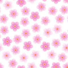 Pink flowers of cherry on white background. Seamless pattern with blooming sakura. Vector cartoon illustration.