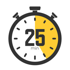 Twenty-five minutes stopwatch symbol, Twenty five timer icon, cooking time, 25 minutes countdown, sport or cosmetic or chemical application time, 25 min waiting time on a transparent background.