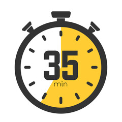Thirty-five minutes stopwatch symbol, Thirty five timer icon, cooking time, 35 minutes countdown, sport or cosmetic or chemical application time, 35 min waiting time on a transparent background.