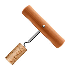 Corkscrew with wooden handle and cork isolated on white background. Close up of wine bottle opener. Realistic 3d vector illustration. Mock up