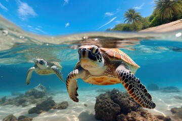 Obraz premium Little turtles swim underwater sea.