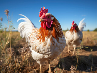Fototapeta premium Poultry farm in the sun with organic hen and chickens on a pasture. Nature farming.