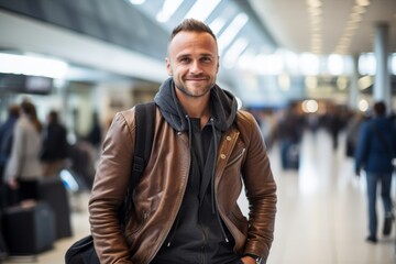 Obraz premium Portrait of a grinning man in his 30s sporting a classic leather jacket against a busy airport terminal. AI Generation
