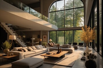 Living room of a villa in double-height space. - obrazy, fototapety, plakaty