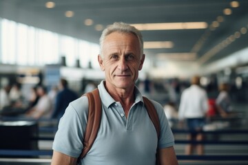 Obraz premium Portrait of a content man in his 60s wearing a breathable golf polo against a busy airport terminal. AI Generation