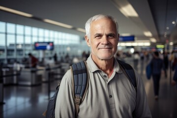 Obraz premium Portrait of a content man in his 60s wearing a breathable golf polo against a busy airport terminal. AI Generation