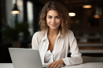 Beautiful woman sitting at desk working on laptop in office.