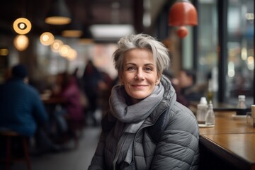 Fototapeta premium Portrait of a content woman in her 50s dressed in a thermal insulation vest against a bustling city cafe. AI Generation