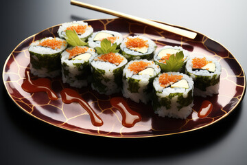 Seaweed sushi on top of beautiful plate.