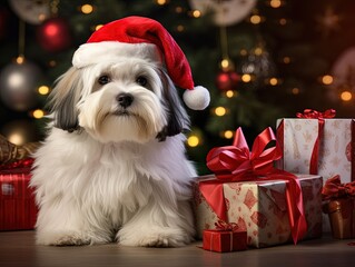 Dog dressed as Santa Claus.