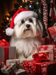 Dog dressed as Santa Claus.