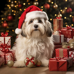 Dog dressed as Santa Claus.