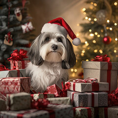 Dog dressed as Santa Claus.