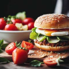 homemade burger, american sandwich with tomato, lettuce, cheese and fresh lettuce on a dark concrete background. food concepts homemade burger, american sandwich with tomato, lettuce, cheese and fresh