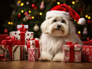 Dog dressed as Santa Claus.