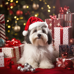 Dog dressed as Santa Claus.