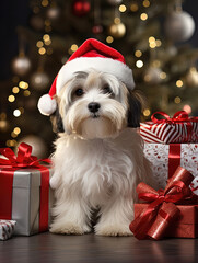 Dog dressed as Santa Claus.