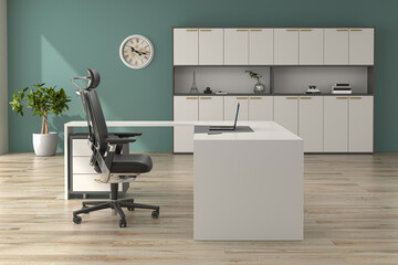3D render interior design Office Room . Office desks with office chairs. Concept of working place. 3d rendering