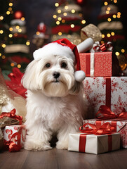 Dog dressed as Santa Claus.