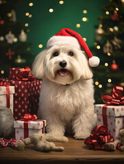 Dog dressed as Santa Claus.