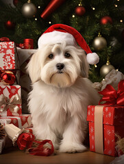 Dog dressed as Santa Claus.