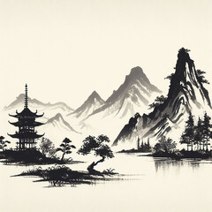 landscape with mountains and lake Ancient Chinese painting