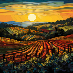 linear representations of a vineyard at sunset