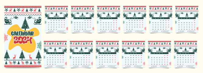 Monthly calendar template for the 2024 year, 12 months, minimalist style, floral calendar