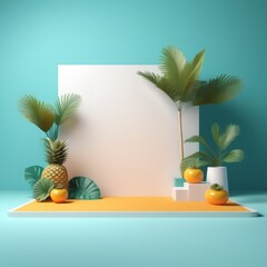 3d render of tropical leaves, palm tree, monstera, tropical plants and empty podium on pastel background. minimal concept. 3d render of tropical leaves, palm tree, monstera, tropical plants and empty 