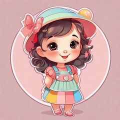 vector illustration of cute cartoon girl in a pink dress and hat. vector illustration of cute cartoon girl in a pink dress and hat. illustration of a girl in a pink hat and a dress with a toy.