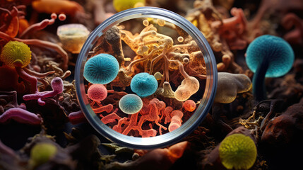 Close-up macro of microbes, bacteria and viruses under the magnifying glass of a loupe. 3d render illustration style. Dangerous pathogens and viruses. - obrazy, fototapety, plakaty
