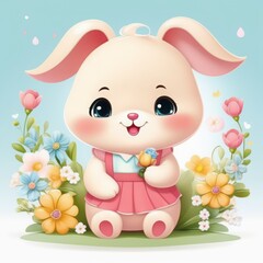 cute cartoon rabbit with a bouquet of flowers cute cartoon rabbit with a bouquet of flowers cute rabbit with flowers illustration