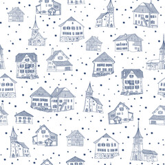 Christmas and New Year seamless pattern. Fairy tale mountain houses, stars, snowflakes. Coloring book page