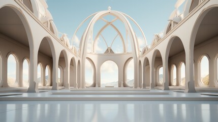 Pure white and gold minimalist hermetic dome architecture.