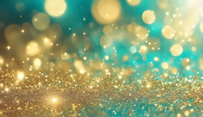 Cyan and gold glitter in blur lights effect wallpaper background. Abstract bokeh lights background. Generative AI.