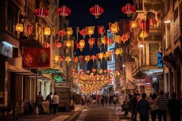Fototapeta premium Ramadan Street Festivity: Lanterns, Lights, and Community
