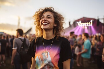 Portrait of a content woman in her 30s sporting a vintage band t-shirt against a vibrant festival crowd. AI Generation