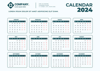 Monthly calendar template for the 2024 year, 12 months, minimalist style, one-page calendar