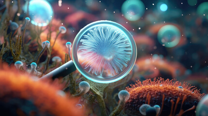 Close-up macro of microbes, bacteria and viruses under the magnifying glass of a loupe. 3d render illustration style. Dangerous pathogens and viruses. - obrazy, fototapety, plakaty