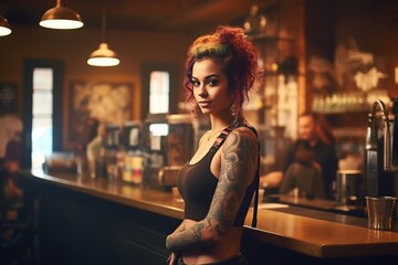 Confident Tattoed Barista in Cozy Coffee Shop - Powered by Adobe