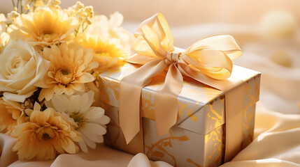 Gift Box Wrapped with a Wide Satin Ribbon, Amidst Sunrays and Vibrant Yellow Flowers for Valentine's Day, Birthdays, Weddings, and Festive Occasions, Radiating Warmth and Joy