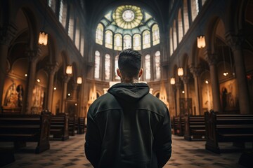 The rear view of a tattooed person in a church pew, deeply immersed in prayer, symbolizing the unity of diverse spiritual practices.