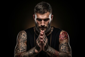 A tattooed person solemnly praying, clutching a rosary with eyes closed in deep contemplation, highlighting personal devotion and faith.