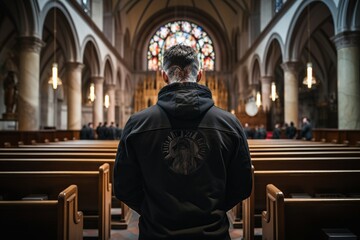 Fototapeta premium The rear view of a tattooed person in a church pew, deeply immersed in prayer, symbolizing the unity of diverse spiritual practices.