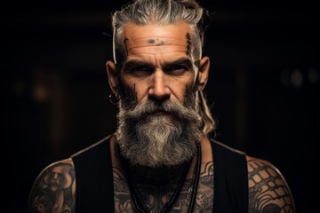 A portrait of a tattooed pastor, priest, rabbi, or imam, challenging traditional views of religious leadership, deep in thought. - obrazy, fototapety, plakaty