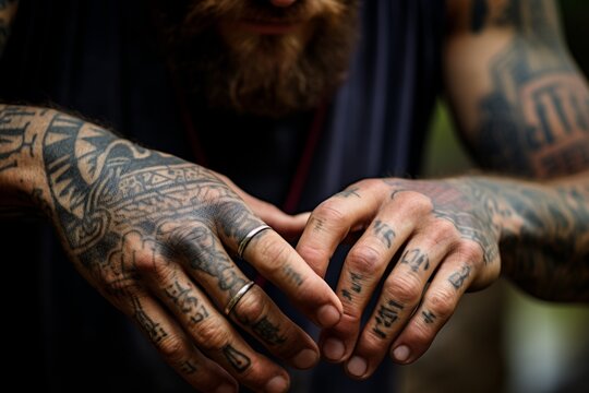 A tattooed person solemnly praying, clutching a rosary with eyes closed in deep contemplation, highlighting personal devotion and faith.
